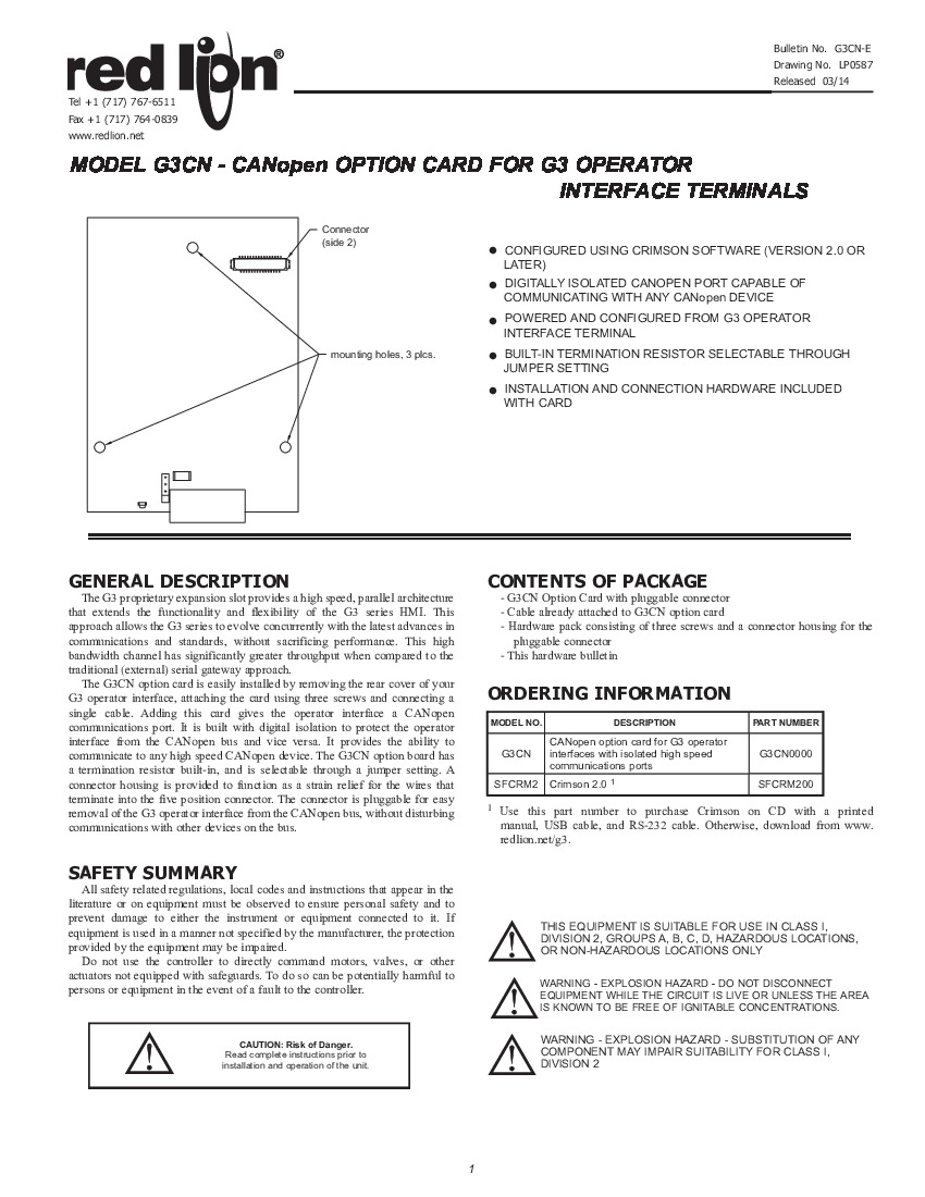 First Page Image of G3CN0000 Red Lion G3CN CAN Open Option Card Manual G3CN-E.pdf